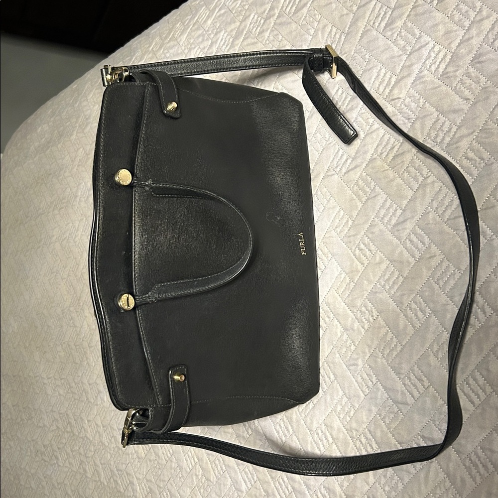 Furla black saffiano Leather cross body Tote w/ Gold Accents. Great for travel!